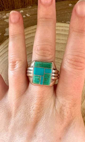 SEAFOAM CURRENTS Turquoise & Sterling Silver Geometric Inlay Mens Ring • Size 11