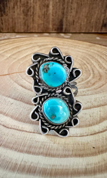 VINTAGE DOUBLE SPIRAL Sterling Silver Turquoise Ring • Size 6 1/2