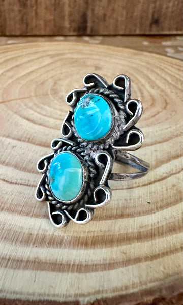VINTAGE DOUBLE SPIRAL Sterling Silver Turquoise Ring • Size 6 1/2