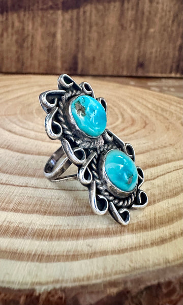 VINTAGE DOUBLE SPIRAL Sterling Silver Turquoise Ring • Size 6 1/2