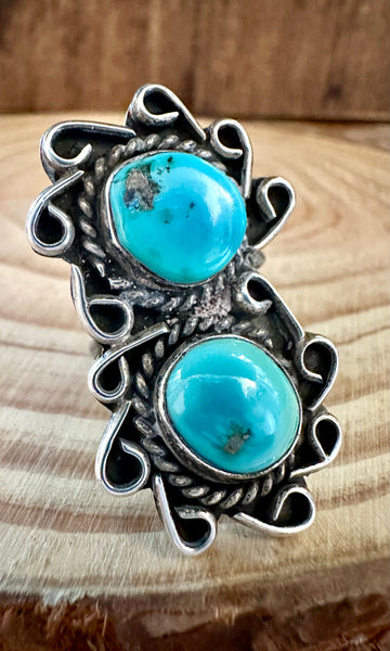 VINTAGE DOUBLE SPIRAL Sterling Silver Turquoise Ring • Size 6 1/2