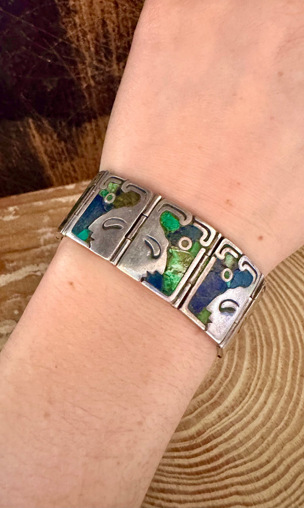 LOS CASTILLO 60s Lapis and Turquoise Sterling Silver Aztec Bracelet