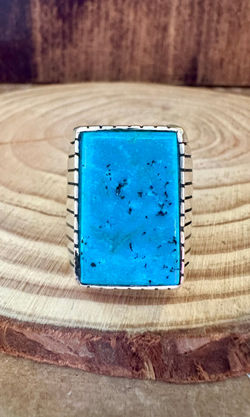 TREVOR JACK Large Square Sterling Silver & Turquoise Mens Ring • Sizes 10 & 11