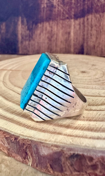 TREVOR JACK Large Square Sterling Silver & Turquoise Mens Ring • Sizes 10 & 11