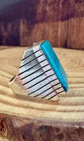 TREVOR JACK Large Square Sterling Silver & Turquoise Mens Ring • Sizes 10 & 11