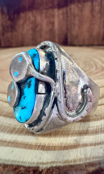 JUDE CANDELARIA Zuni Snake Silver & Turquoise Mens Ring • Size 11 1/2