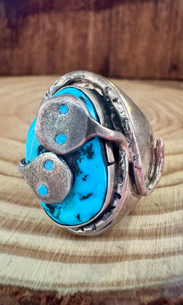 JUDE CANDELARIA Zuni Snake Silver & Turquoise Mens Ring • Size 11 1/2
