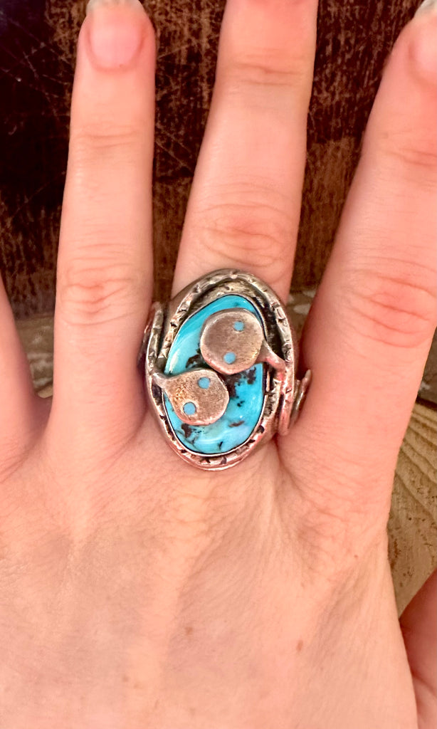 JUDE CANDELARIA Zuni Snake Silver & Turquoise Mens Ring • Size 11 1/2
