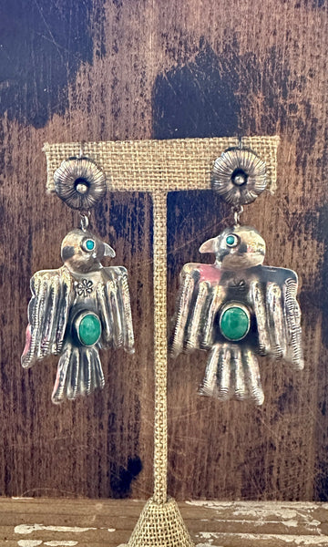 FEDERICO JIMENEZ Large Silver & Turquoise Thunderbird Earrings, Mexican Oaxacan