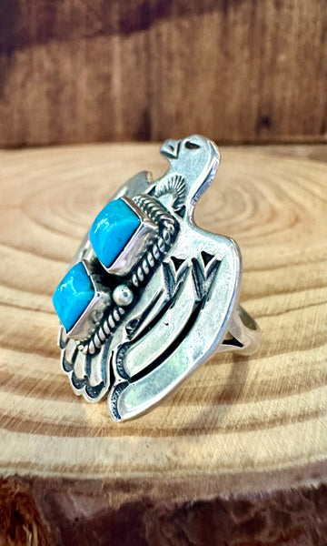 LARGE THUNDERBIRD Running Bear Navajo Turquoise and Sterling Silver Ring • Sizes 6 1/4 & 8