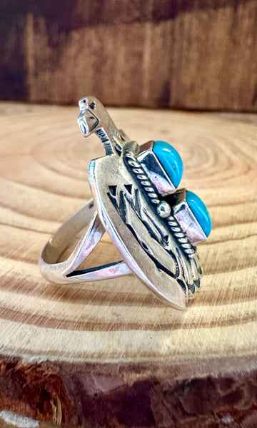 LARGE THUNDERBIRD Running Bear Navajo Turquoise and Sterling Silver Ring • Sizes 6 1/4 & 8