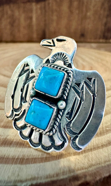 LARGE THUNDERBIRD Running Bear Navajo Turquoise and Sterling Silver Ring • Sizes 6 1/4 & 8