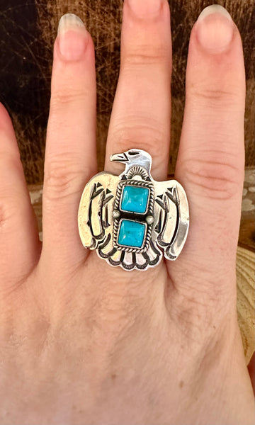 LARGE THUNDERBIRD Running Bear Navajo Turquoise and Sterling Silver Ring • Sizes 6 1/4 & 8
