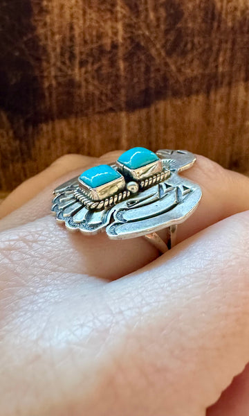 LARGE THUNDERBIRD Running Bear Navajo Turquoise and Sterling Silver Ring • Sizes 6 1/4 & 8