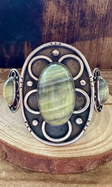LIZARD JASPER Vintage 70s Silver and Green Cuff • 108g