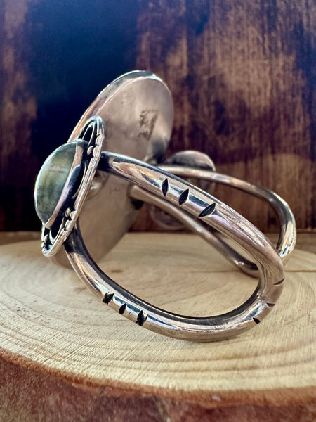 LIZARD JASPER Vintage 70s Silver and Green Cuff • 108g
