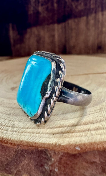 VINTAGE BLUE MARINA Silver & Square Turquoise Mens Ring • Size 12
