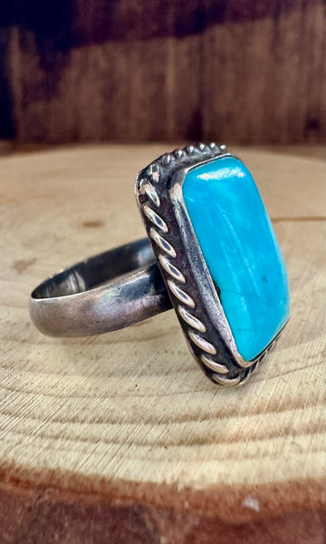 VINTAGE BLUE MARINA Silver & Square Turquoise Mens Ring • Size 12