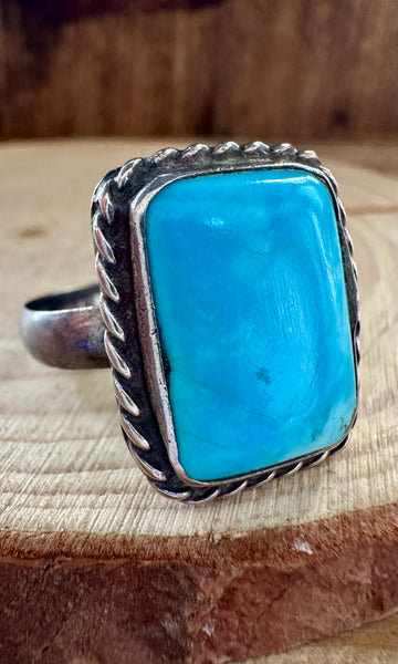 VINTAGE BLUE MARINA Silver & Square Turquoise Mens Ring • Size 12