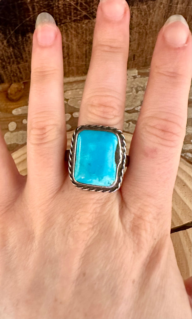 VINTAGE BLUE MARINA Silver & Square Turquoise Mens Ring • Size 12