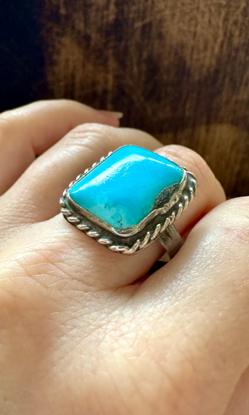 VINTAGE BLUE MARINA Silver & Square Turquoise Mens Ring • Size 12