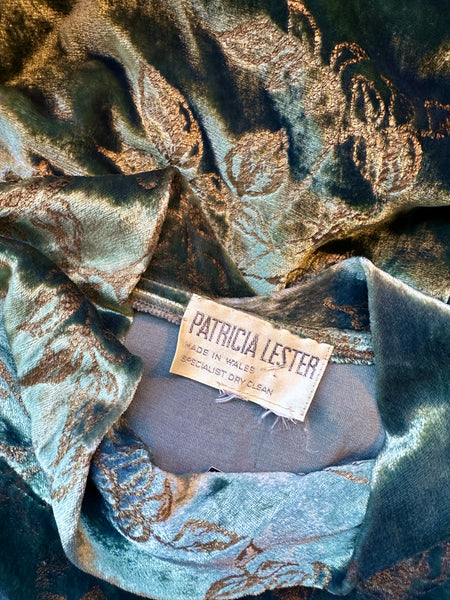 PATRICIA LESTER 80s Green Silk Velvet Bias Cut Dress • Medium