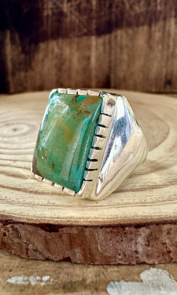 BIG GREEN SQUARE Sterling Silver Turquoise Mens Ring • Sizes 10, 11
