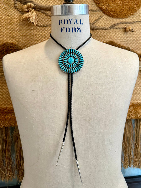 ON HOLD Juliana Williams Turquoise Cluster Sterling Silver Bolo Tie w/ Leather Cord