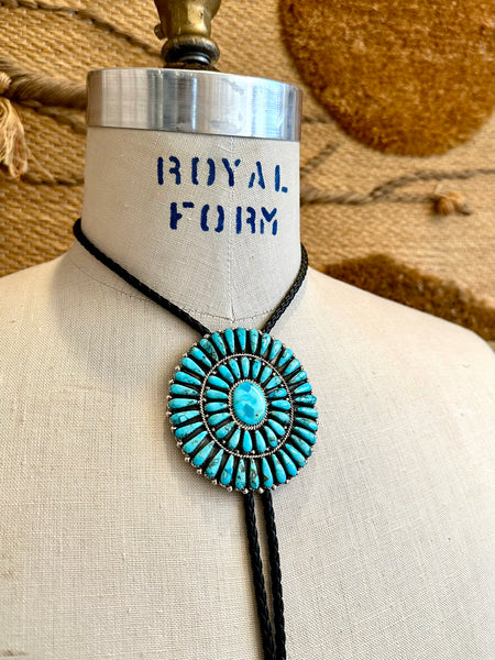 ON HOLD Juliana Williams Turquoise Cluster Sterling Silver Bolo Tie w/ Leather Cord