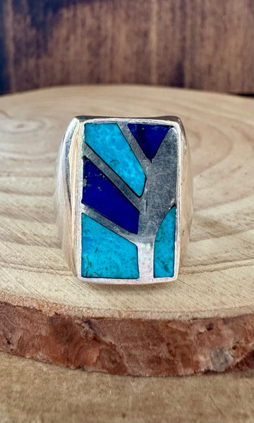 TURQUOISE SUN RAYS Lapis and Silver Mens Ring • Size 10