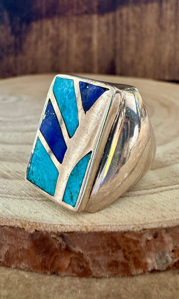 TURQUOISE SUN RAYS Lapis and Silver Mens Ring • Size 10