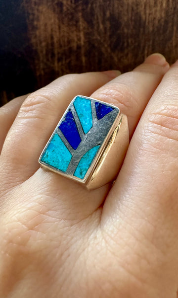 TURQUOISE SUN RAYS Lapis and Silver Mens Ring • Size 10