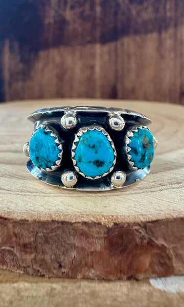 REED CHARLEY Triple Turquoise Shadowbox Silver Mens Ring • Multiple Sizes