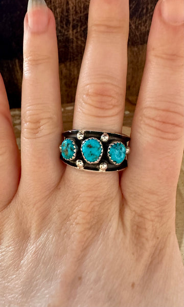 REED CHARLEY Triple Turquoise Shadowbox Silver Mens Ring • Multiple Sizes