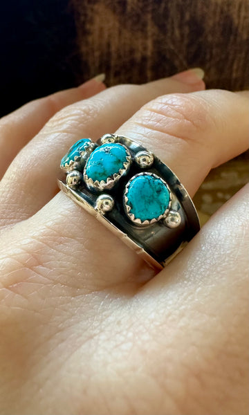 REED CHARLEY Triple Turquoise Shadowbox Silver Mens Ring • Multiple Sizes
