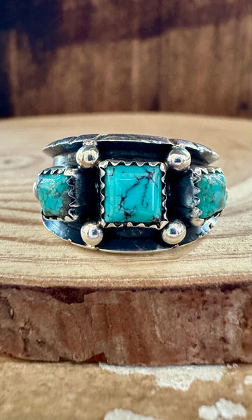 TRIPLE SQUARE SHADOWBOX Reed Charley Turquoise Silver Mens Ring • Multiple Sizes