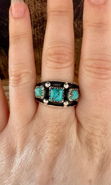 TRIPLE SQUARE SHADOWBOX Reed Charley Turquoise Silver Mens Ring • Multiple Sizes