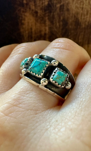 TRIPLE SQUARE SHADOWBOX Reed Charley Turquoise Silver Mens Ring • Multiple Sizes