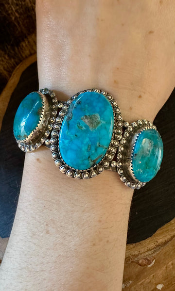 THREE CHARMED TURQUOISE and Sterling Silver Cuff • 44g
