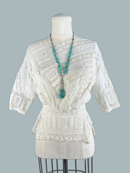 EDWARDIAN WHITE Antique 1900's Open Lace Crochet Blouse • Small