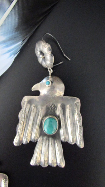FEDERICO JIMENEZ Large Silver & Turquoise Thunderbird Earrings, Mexican Oaxacan