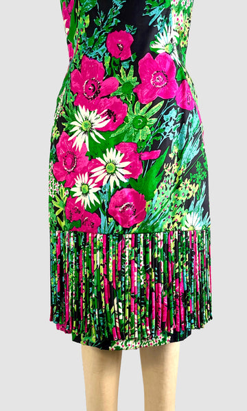 MR. BLACKWELL 50s Silk Floral Dress with Fringe • Medium