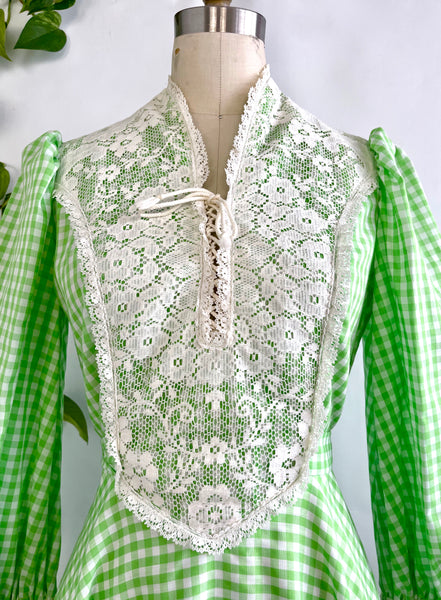 PRAIRIE TALE Vintage 70s Gingham Granny Dress, Size Small