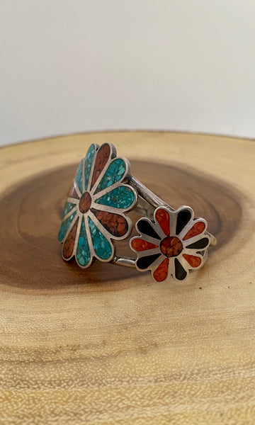 FLORAL FUN Vintage Sterling Silver Cuff with Turquoise, Coral, and Jet Inlay