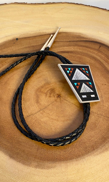 STAINED GLASS Zuni Inlay Sterling Silver Bolo Tie