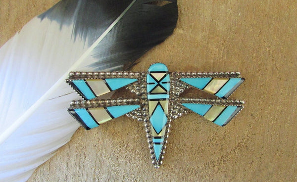 E MARTINEZ Zuni Silver Inlay Turquoise Dragonfly Brooch / Pendant