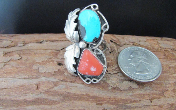 DOUBLE DECKER Navajo 60s 70s Silver Coral & Turquoise Ring Size 4 1/4