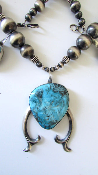 CHIMNEY BUTTE Navajo Silver and Turquoise Squash Blossom Necklace