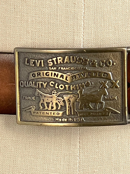 LEVIS STRAUS 70s Leather Belt with Bronze Buckle, Size 34"