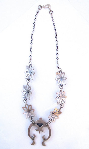 KEVIN BILLAH Sandcast Sterling Silver and Kingman Turquoise Naja Squash Blossom
